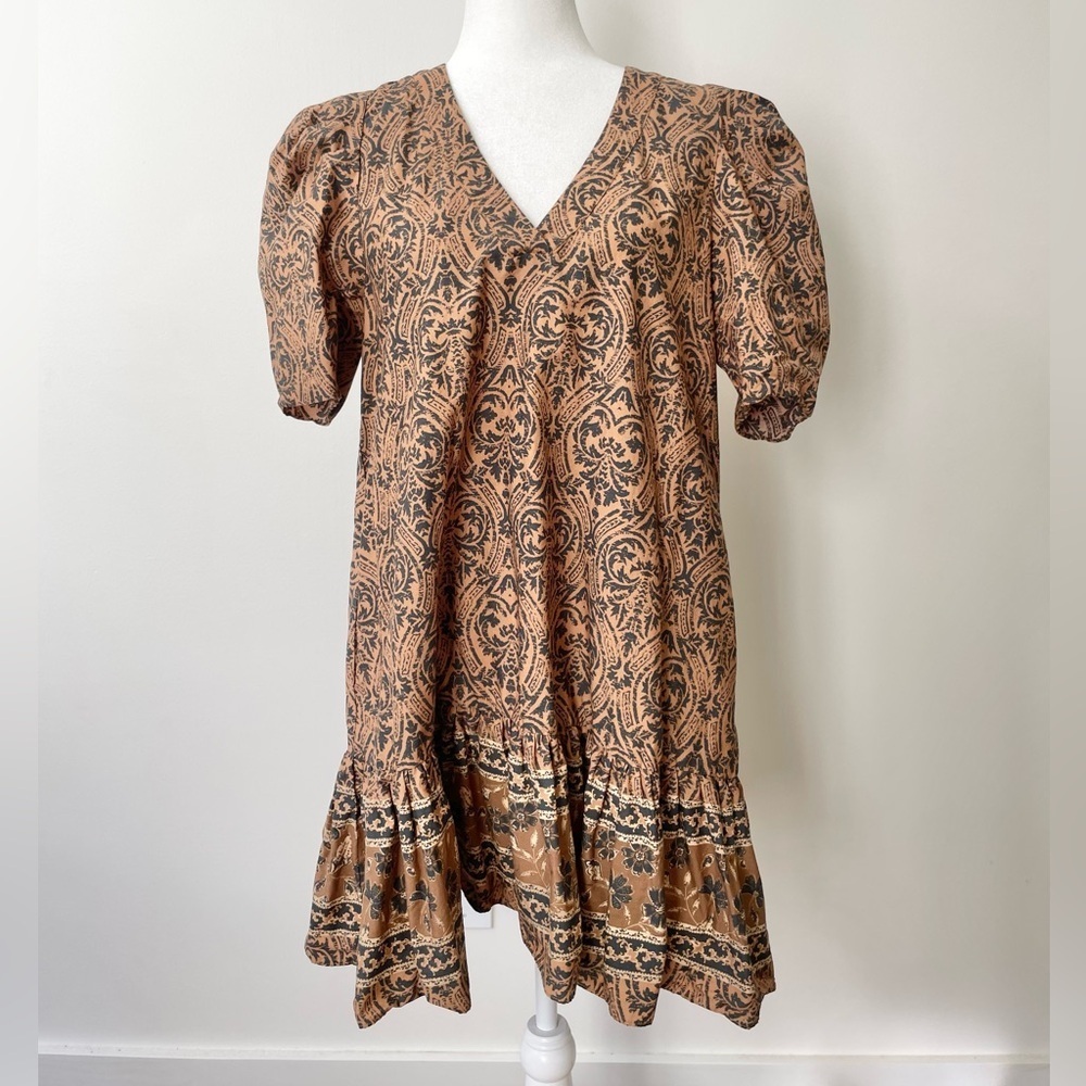 Women's V-Neck Puff Sleeve Brown Printed Dress